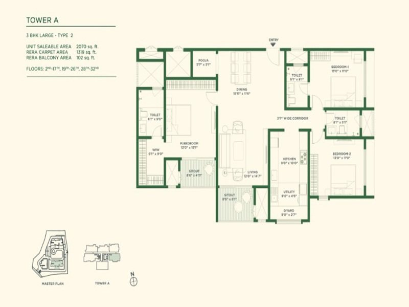 Vaishnavi Krishna Brindavan 3 BHK 2070 Sq Ft Floor Plan